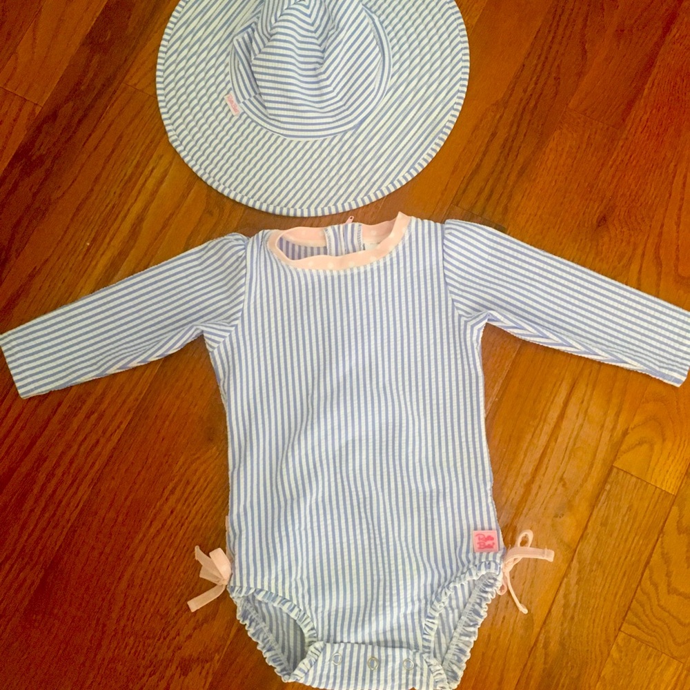 Rufflebutts 12-18 month seersucker UPF suit + hat